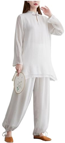 DAYKET Traje de Artes Marciales para Mujer, Uniforme de Tai Chi de Lino y Algodón, Trajes de Kung Fu para Ejercicios Matutinos,White-XXL