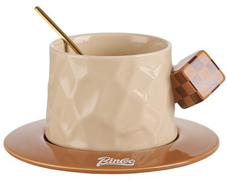 Jarsense Ceramic Coffee Mug Creative Square Handle Ceramic Coffee Cup & Saucer Set 300ml Coffee Mug with Spoon for Coffee Tea Milk (A_Brown)