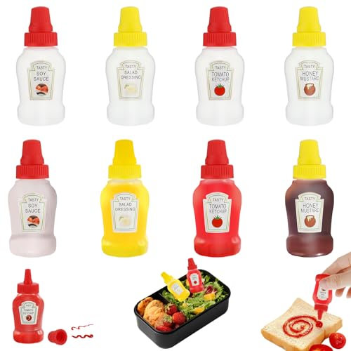Ptwola 8 Pcs Mini Ketchup Bottles 25ml Refillable Plastic Condiment Container Portable Small Dressing Sauce Squeeze Bottles for Picnic Jam Honey Chocolate Cream Syrup Salad Adult Lunch Box Accessories