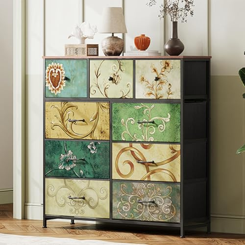 DADEA Kommode mit 9 Schubladen, Boho-Stil, Schublade mit Holzplatte, bunt, Aufbewahrungsmöbel, Kommode Bunt, Schlafzimmer, Metallstruktur, Schubladenschrank, Kommode Mit Schubladen, Kommode Vintage
