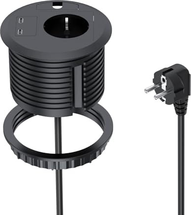 BQO Prise encastrable de bureau avec USB, prise escamotable, avec 2 ports USB-C, pour plan de travail de cuisine, câble de 2 m, diamètre : 80 mm, noir
