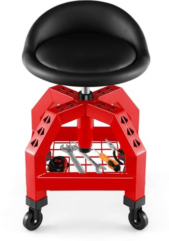 GOPLUS Taburete de Taller con Ruedas, 67-80 cm Altura Ajustable, Taburete Mecánico con Bandeja para Herramientas y 4 Ruedas Universales, Carga 150 kg, Asiento Giratorio para Garaje Taller (Rojo)