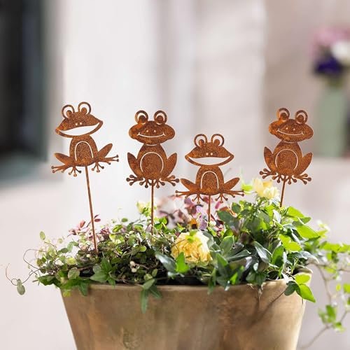 FRANK FLECHTWAREN Gartenstecker Frosch, 4er Set, Metall, Rostfinish Maße: Höhe 38 cm