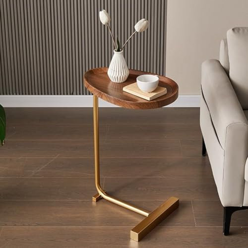 GODFSAHG Moderner Kleiner Beistelltisch in C-Form mit Metallrahmen für Wohnzimmer, Schlafzimmer und Sofa, schmaler Beistelltisch, 45 x 30 x 60 cm (Goldener Nussbaum)