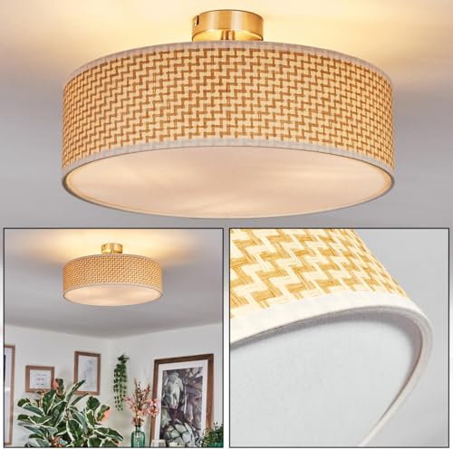 HOFSTEIN Deckenleuchte Foggia, Deckenlampe aus Metall/Jute/Stoff/Kunststoff in Nickel-matt/Naturfarben/Weiß, runde Boho Leuchte (Ø 40 cm), E27, Esszimmer, Wohnzimmer, Schlafzimmer, Küche, Flur