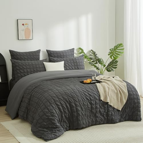 Boqingzhu Seersucker Bettwäsche Set Grau Anthrazit 200×220cm Atmungsaktiv Kühlend für Sommer Bettbezug & Kissenbezüge mit Reißverschluss