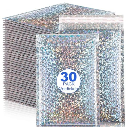 Kinmsito 30 Stück Luftpolsterumschläge Holographisch,Luftpolstertaschen Selbstklebend,Luftpolster Versandtaschen,Wasserdichte Gepolsterte Umschläge für Verpackung Aufbewahrung(18x29cm,Silber)