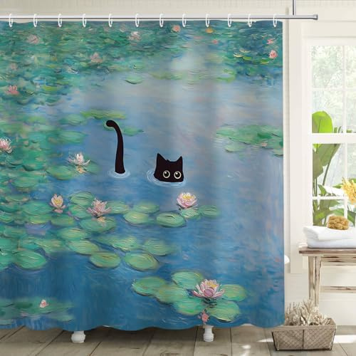 APROPHIC Duschvorhang Black Katze Duschvorhang 180x180cm, Sommer Lotus Lotusblatt Badewanne Duschvorhänge, Bunt Lustig Stoff Maschinenwaschbar Badezimmer Dekor mit 12 Haken