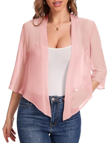 Bbonlinedress Boléro pour Femme Cardigan en Mousseline de Soie Elégant à Manches Longues Décontracté Veste Boléro Ddécontracté Léger Ouvert sur Le Devant Pink L