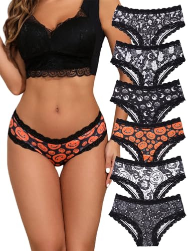 Morvia 6 Stück Damen-Unterwäsche, Gothic, sexy, Halloween, Totenköpfe, Rosen, Allover-Druck, kontrastierende Spitze, Hipster-Höschen