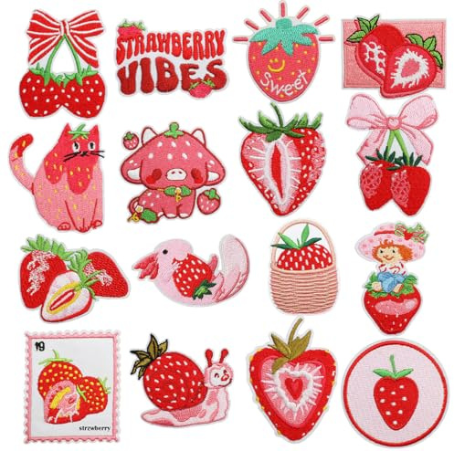 16 Stück Erdbeer Strawberry Patches zum Aufbügeln Cute Erdbeer Stickerei-Aufnäher Iron on/Sew on Patches Applikation DIY Dekoration Hut Jacke Jeans Rucksäcke T-Shirt Kleidung Kleid