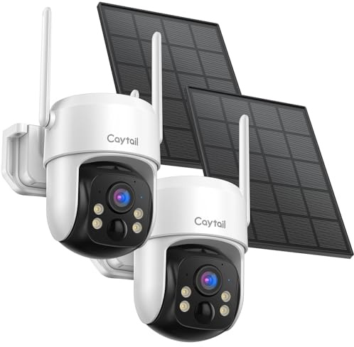 Caytail 3MP Caméra Surveillance WiFi Extérieur sans Fil, 2K Caméra Extérieur sans Fil Solaire, 2.4Ghz WiFi, 360°PTZ, PIR Détection de Mouvement, Vision Nocturne, Audio Bidirectionnel, 2 Pièces
