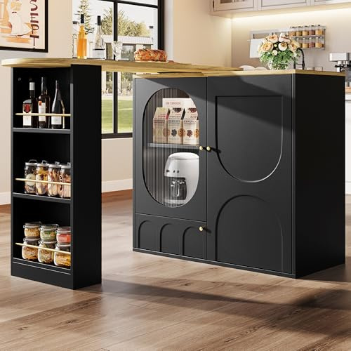 OUNICE Ausziehbarer Bartisch mit Stauraum, Um 360° drehbare Esstheke mit Stauraum, Kücheninsel, DREI Türen mit Türregalen,herausnehmbare Trennwände, Schwarz 138-204 x 39 x 102 cm