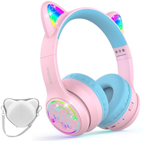 IFECCO Bluetooth Kopfhörer Kinder kabellos mit Aufbewahrungstasche, Kinderkopfhörer Over-Ear mit LED-Leuchten, Katzenohren, 85dBA Lautstärkebegrenzung, Eingebautes Mikrofon für iPad/Tablet/Schule