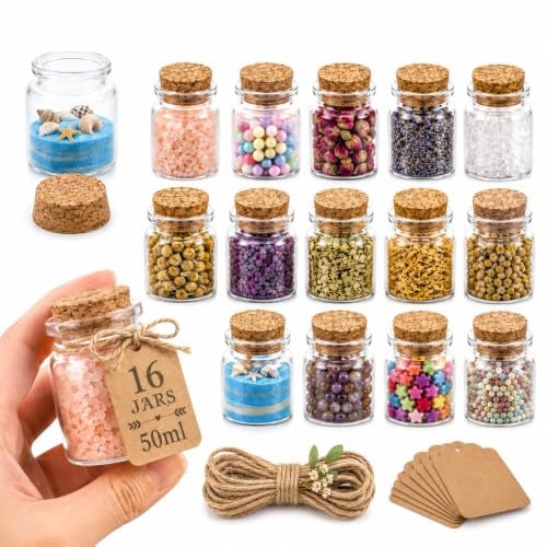 BXUUXA 16 Piezas 50ml Botellas de Cristal,Botellas Pequeñas de Cristal Mini Frascos de Vidrio con Tapón de Corcho,PortáTiles Tarros de Cristals con Etiqueta y Cordel para DIY Decora,Regalitos Boda