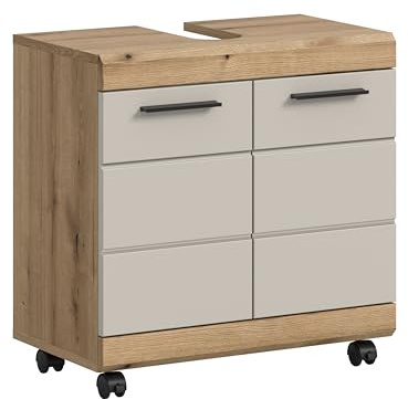 xonox.home – Waschbeckenunterschrank Scout 60x60x34 cm auf Rollen in Evoke Oak und Kaschmir – Mobiler Badezimmerschrank – Flexibler Unterschrank für zusätzlichen Stauraum & Ordnung im Badezimmer