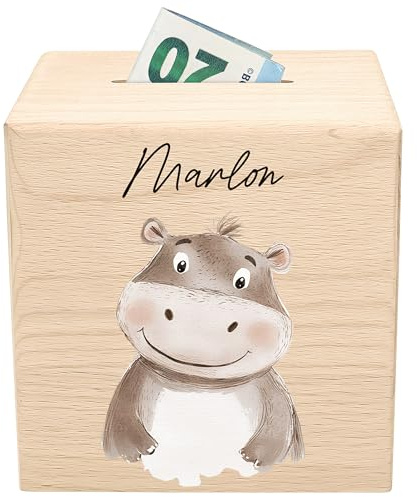 Spardose für Kinder Nilpferd personalisiert Safari Tiere Sparbox aus Holz Sparschwein mit Schlüssel Taufgeschenk für Jungen & Mädchen Holzspardose