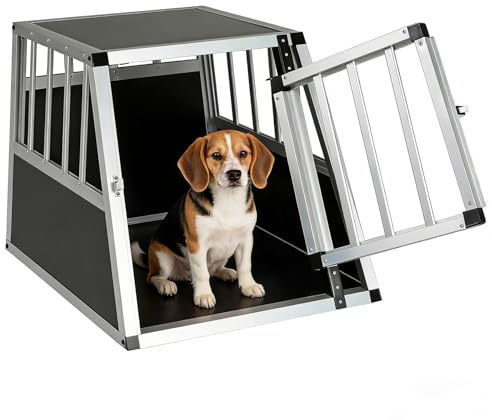GYMAX Hundebox Auto, Transportbox Hund mit Sicherheitsverschluss, leicht & stabil, Alu Hundetransportbox für Kofferraum, Rückbank & Zuhause (69,5 x 54 x 50,5 cm)