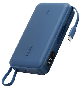 Belkin UltraCharge 20000mAh Power Bank with USB-C Cable and Display - Blue | 20K Portable Charger, Charge Up to 3 Devices (1 x USB-C Port + Integrated Cable, 1 x USB-A Port), 45W, Pre-Charged, Display