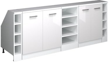 Vicco Küchenschrank für Dachschrägen R-Line, Weiß Hochglanz, 210 cm | 5 Module · Extra Tiefe – 60 cm · Höhenverstellbare Füße · 4 Türen · ✓ Frei kombinierbar