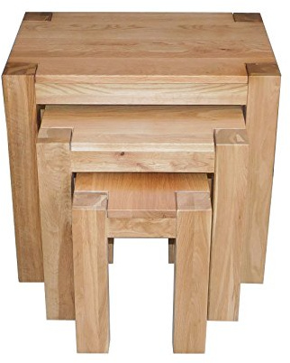 Oak Furniture King Kuba Solid Oak Nest of Tables 3 Wooden Living Room Side Tables, Natural Finish
