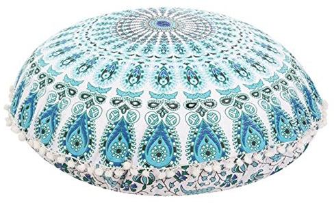 Traditional Jaipur Pfau-Feder-Mandala-Bodenkissen, dekorative Wurfkissenbezüge 32, indischer Puff, Boho Hocker, Pom Pom Outdoor-Kissenbezug, Boho-Kissenbezüge ohne Füllstoff