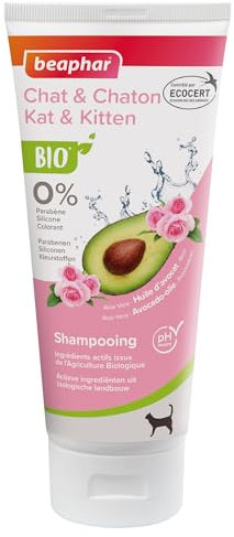 BEAPHAR – Shampoing Éco-certifié pour chat et chaton – Contient de l'Aloe Vera, de l'huile d'Avocat et de la Rose Bio – pH neutre – Sans parabène, sans silicone, sans colorant et sans alcool – 200 ML
