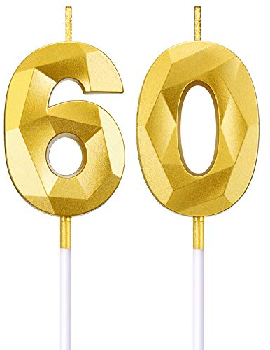 BBTO 60. Geburtstag Nummer Kerzen 3D Diamant Form Kuchen Kerzen Zahl 60 Kuchen Topper Dekoration für Geburtstag Hochzeit Jahrestag Feier Lieferung, Gold