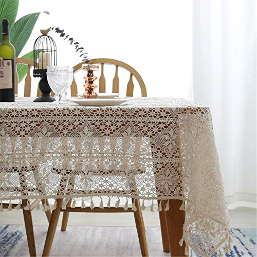 SWECOMZE Spitze Tischdecke Handarbeit Aushöhlen Rechteck Tischdecke 100% Baumwolle Vintage Spitzeauflage Boho Hochzeit Tisch Dekor (A,140 * 180cm)