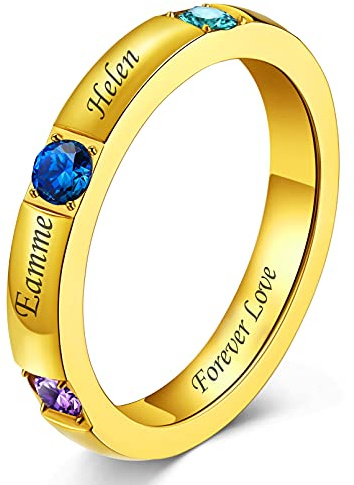 Custom4U Personalisierter Damen Ring mit Gravur Edelstahl 1/2/3 Geburtsstein Fingerring mit 1/2/3 Namen Silber/Gold Ehering Verlobungsring 3mm breit Ringgröße 49.3(15.75)-64.6(20.75)