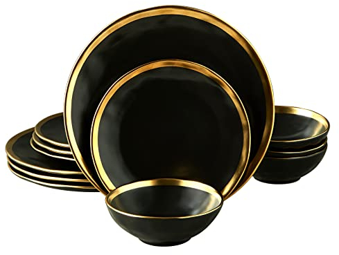 Pokini - Ensemble de vaisselle de luxe noir de 12 pièces en porcelaine pour 4 personnes, ensemble d'assiettes modernes à bord doré pour anniversaire de mariage