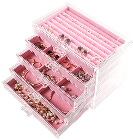 Frebeauty Boîte à bijoux extra large en acrylique transparent pour femmes et filles - Organisateur de bijoux en velours avec 5 tiroirs - Présentoir pour bagues, colliers - Pour femmes et filles (rose)