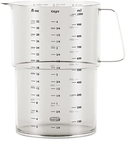 Rosti Mensura Messbecher 1L, Messbecher Küche 1000 ml aus SAN-Kunststoff, mit Griff und Ausguss, Verträgt Kochendes Wasser, Klar
