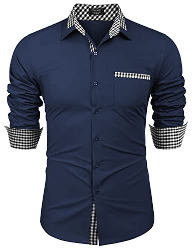 COOFANDY Herrenhemd, langärmelig, karierter Kragen, lässig, Button-Down-Shirt, Karomuster, Blau, Klein