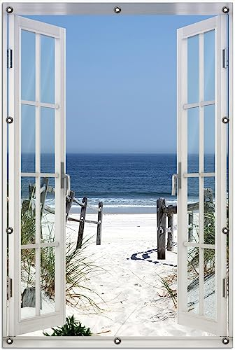 Wallario Outdoor-Poster für Garten oder Balkon Blick auf Strand, Motivbanner Größe: ca. 100 x 150 cm mit Fenster-Illusion