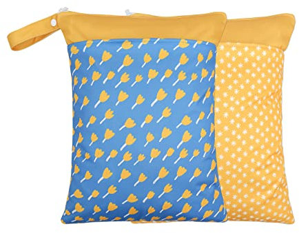 2 Pack Wet Dry Bags for Baby Diapers&Breast Pump Part, Waterproof Reusable Wet Bag with Two Zipper Pockets, Beach Pool Gym Bag Stroller Yoga Toiletries Daycare Organizer, 11.8 inch x 15.7inch(Yellow)