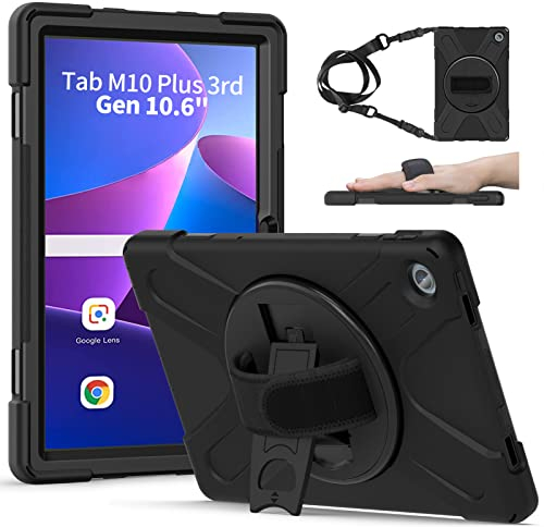 Gerutek Funda Anticaída para Lenovo Tab M10 Plus 3rd Gen 2023/2022, 10,6 Pulgadas, Carcasa Rugosa con Soporte Giratorio, Correa de Mano/Hombro, Funda para Lenovo Tab M10 Plus 3rd (TB-125F/128F), Negro