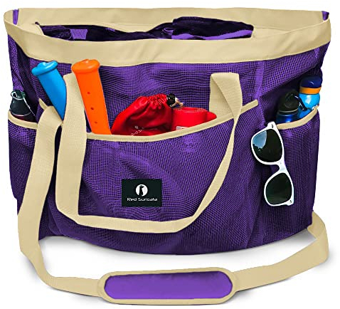 Red Suricata Netz-Strandtasche mit Reißverschluss – extra große Strandtasche – Pooltasche, Violett/Beige, X-Large, Netz-Strand