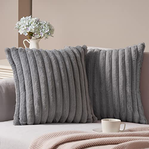 Topfinel 2er Set Kissenbezug 40x40 grau Kunstfell gestreift Muster Plüsch Ultra weich Dekorative Kissenbezüge Kissenhülle Dekokissen Sofakissen für Sofa Schlafzimmer Wohnzimmer