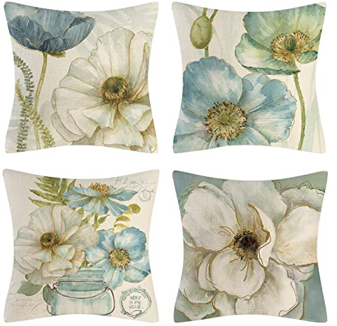 OCEUMACO Leinen Kissenbezug 50x50 Grün Blumen Muster Kissenhülle 4er Set Quadratisch Sofakissen Dekokissen Bezug für Couch Kissen Kissenbezüge Outdoor Deko Couchkissen Zierkissen - Türkis Beige