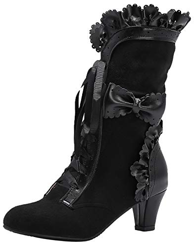 COOLCEPT Donna Vintage Victorian Stivali Cordoncino Bowknot Medio Tacco a Blocco Steampunk Stivali Black Numero 40 Asiatico
