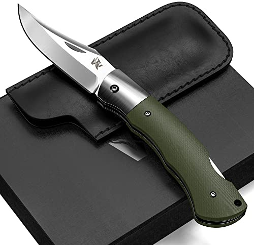 ODENWOLF VIRUM Zweihand-Klappmesser - Ein echter Gentlemen Folder mit hochwertigem G10 Griff - Taschenmesser Holzgriff - Edles Survival Outdoor Messer - Zweihandmesser inkl. Echt-Leder Tasche