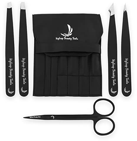 Augenbrauen-Präzisionspinzette-Set mit kleiner Ohr-Nasen-Schere - Gesichtshaarzupfen, gerade, spitz, schräg, 4-teilige Pinzette mit Leder-Reisetasche