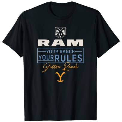 Y Yellowstone x Ram Truck Deine Ranch Deine Regeln T-Shirt, Unisex Erwachsene, Fans von Yellowstone und Ram, breites Altersspektrum, klassischer Lebensstil, Kurzarm, T-Shirt, Schwarz, Klein