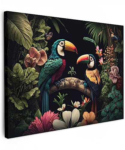 MuchoWow© Bild auf Leinwand 70x50 cm Schlafzimmer Bilder Wand Deko Wohnzimmer Modern Wanddeko Bilderwand Geschenk Vogel - Blumen - Pflanzen - Dschungel - Schwarz - Tukan - Natur - Grün