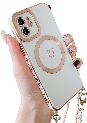 HZLFCZL Magnetisch Handykette für iPhone 11 Hülle Kompatibel mit Magsafe Kameraschutz Herz Design Abnehmbar Kordel zum Umhängen Handyhülle Galvanisierte Weich TPU Kameraschutz-White