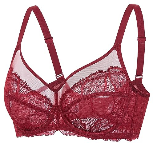 DOBREVA Femme Soutien Gorge Transparent avec Armature Minimiseur Dentelle Bralette Rouge Chinois 105D