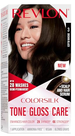Revlon ColorSilk Tone + Gloss + Care Demi Permanent Hair Color, Dye Kit with Leave-In Scalp and Haircare Serum, 2x Shinier, 4x Stronger, 3 Brown Black, 4.5 fl oz