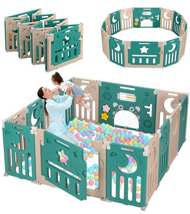 Dripex Laufstall Baby faltbar 150x150x62cm (14 Paneele) mit Spielboard, Laufgitter Baby, Kinderlaufstall & Babyzaun aus strapazierfähigem Plastik, Playpen für Innen & Außen, Braun