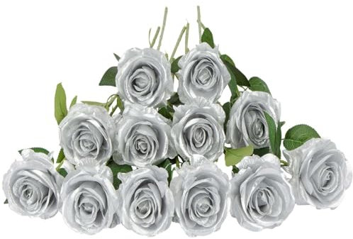 Laelfe 12 Pcs Rose Finte per Decorazioni, Bouquet Fiori Finti di Rosa con Steli Lunghi, Rose Artificiale per Composizioni di Nozze Casa Giardino Partito Decorazioni Floreali (Argento)